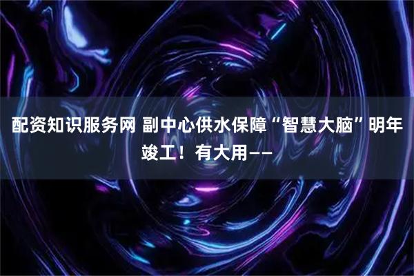 配资知识服务网 副中心供水保障“智慧大脑”明年竣工！有大用——